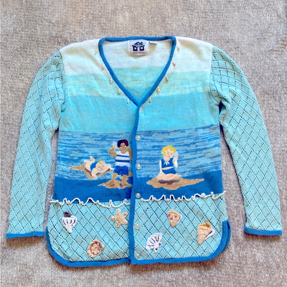 Vintage 90s Storybook Knits Beach Cardigan Sweater Seashell Coastal XS